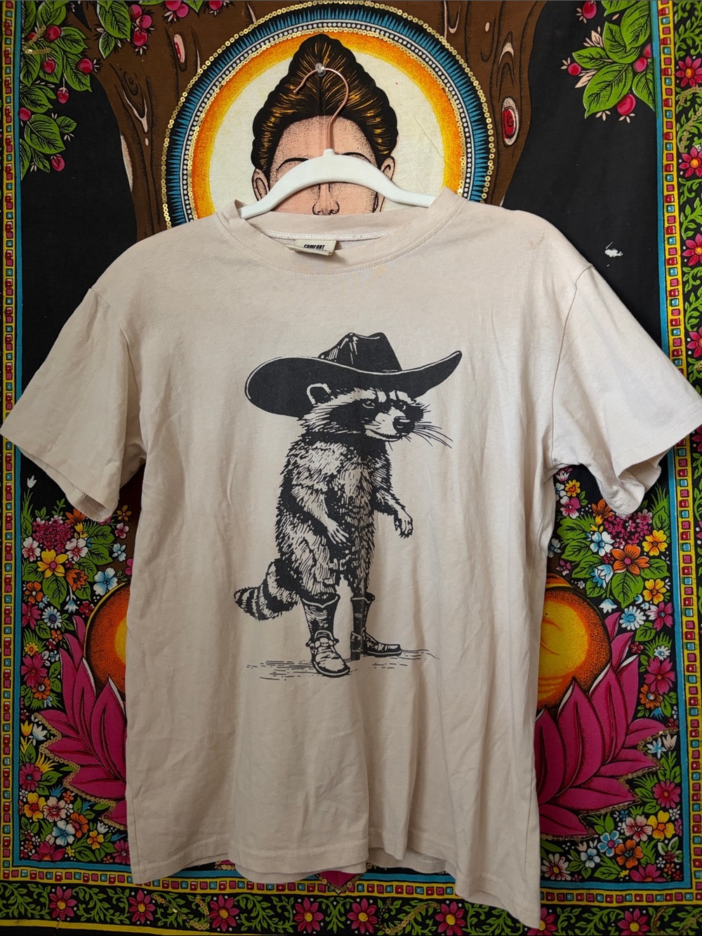 Comfort Colors Light Beige Graphic Tee with Black Raccoon Cowboy Print